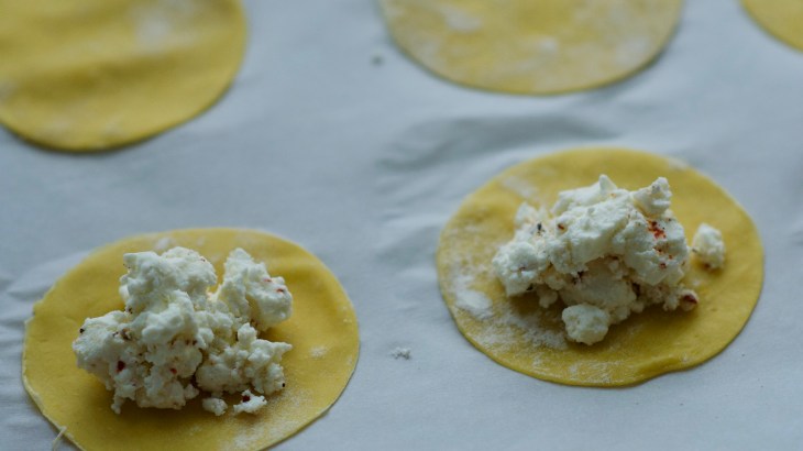 ravioli rounds filled with goat cheese