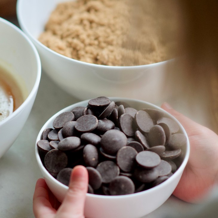ingredients and chocolate chips for chocolate chip cookies