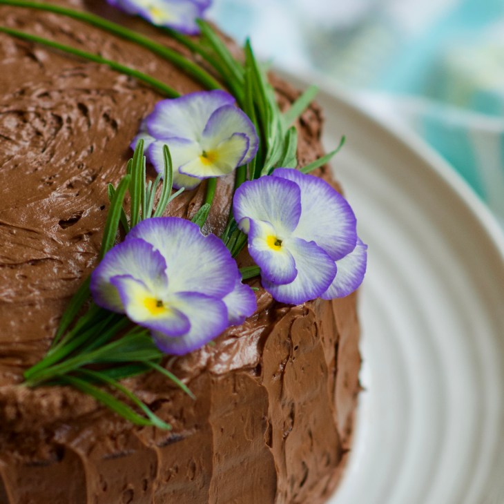 chocolate cake with edible flowers