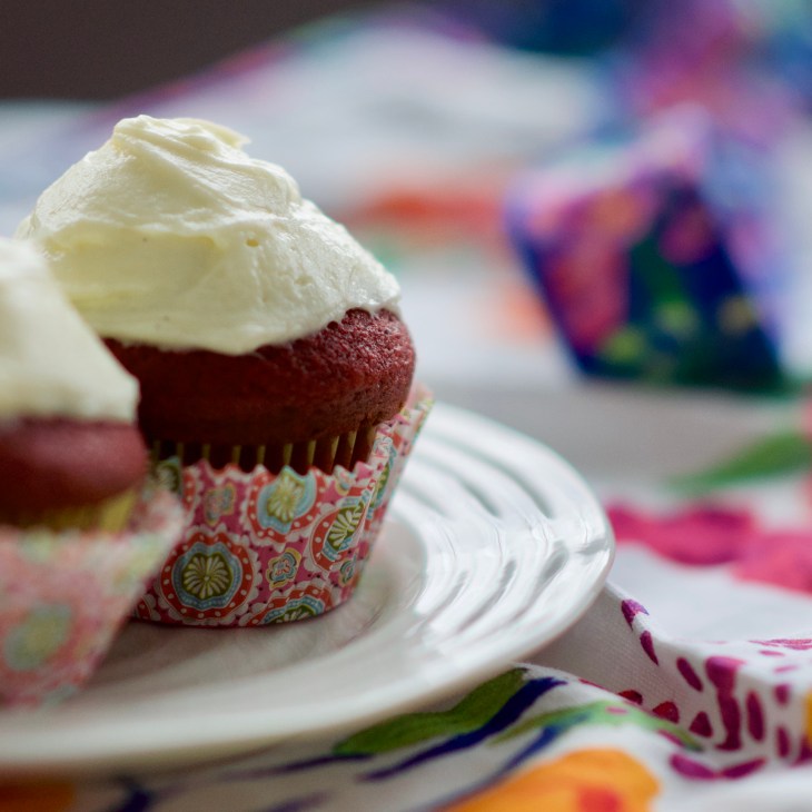 Red velvet cupcakes with cream cheese frosting