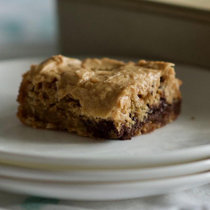 Peanut Butter Squares with chocolate chips and peanut butter icing slice